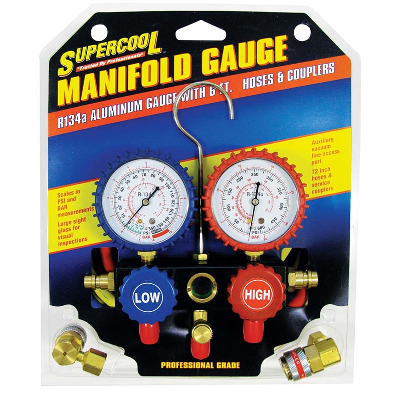 R134a Aluminum Gauge Set with with Sight Glass, 72” Hoses and Quick Connect Couplers in Clamshell