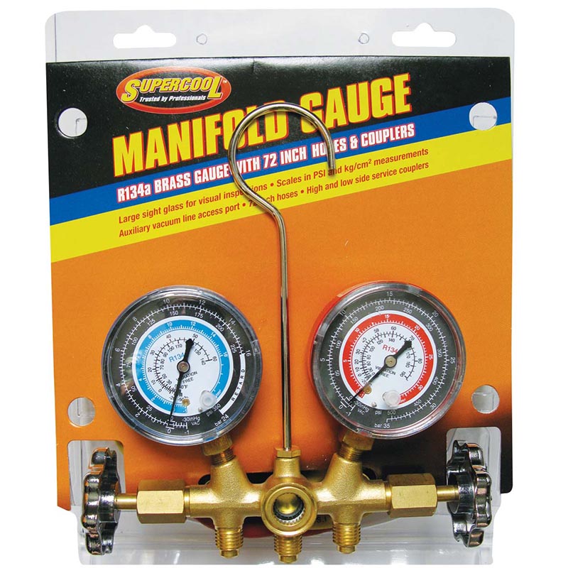 R134a Brass Manifold Gauge with Sight Glass, 72" Hoses and Pro Style Lock-On Couplers in Clamshell