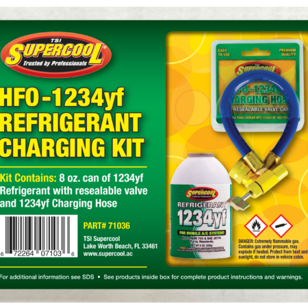 Kit de recarga de R-1234yf com mangueira de recarga e uma lata de 236 ml (8 oz) de refrigerante HFO-1234yf.