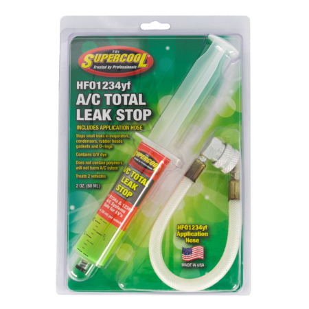 Seringa R1234yf Total Leak Stop de 2 oz em embalagem tipo clamshell com mangueira de instalação de conexão rápida.